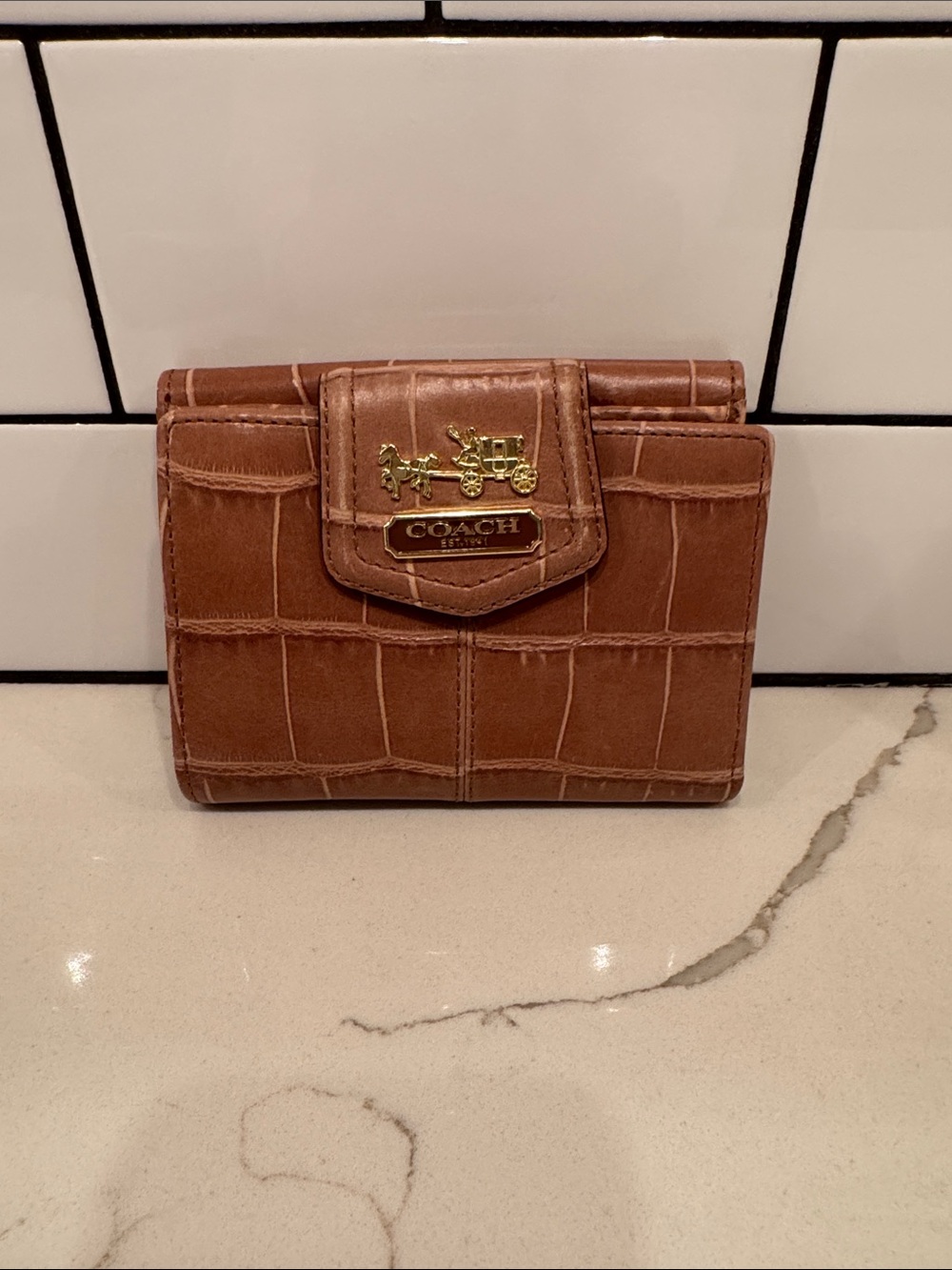 Coach Croc-Embossed Brown Leather Compact snap Wallet